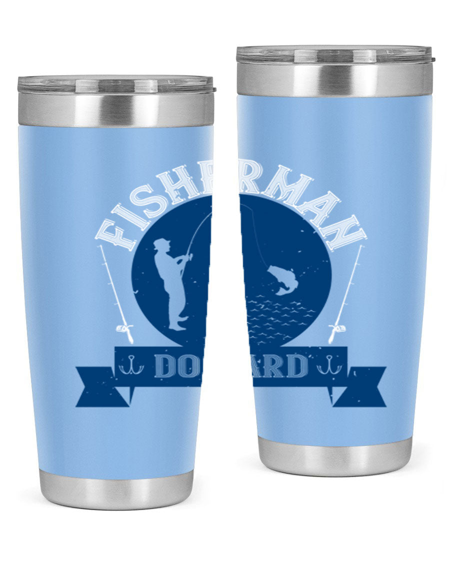 Fisherman Do Hard 276# Tumbler in stainless steel with a drink-thru lid, showcasing its sleek design and durable construction.