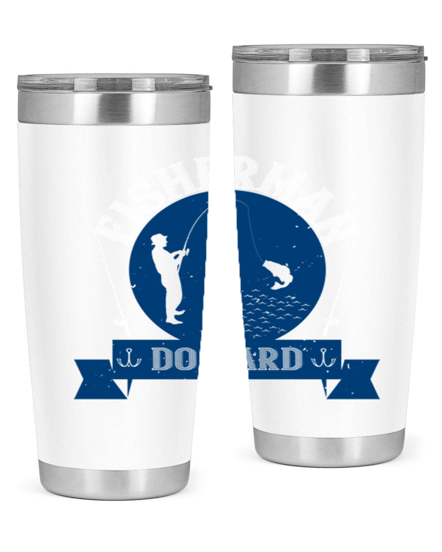 Fisherman Do Hard 276# Tumbler in stainless steel with a drink-thru lid, showcasing its sleek design and durable construction.