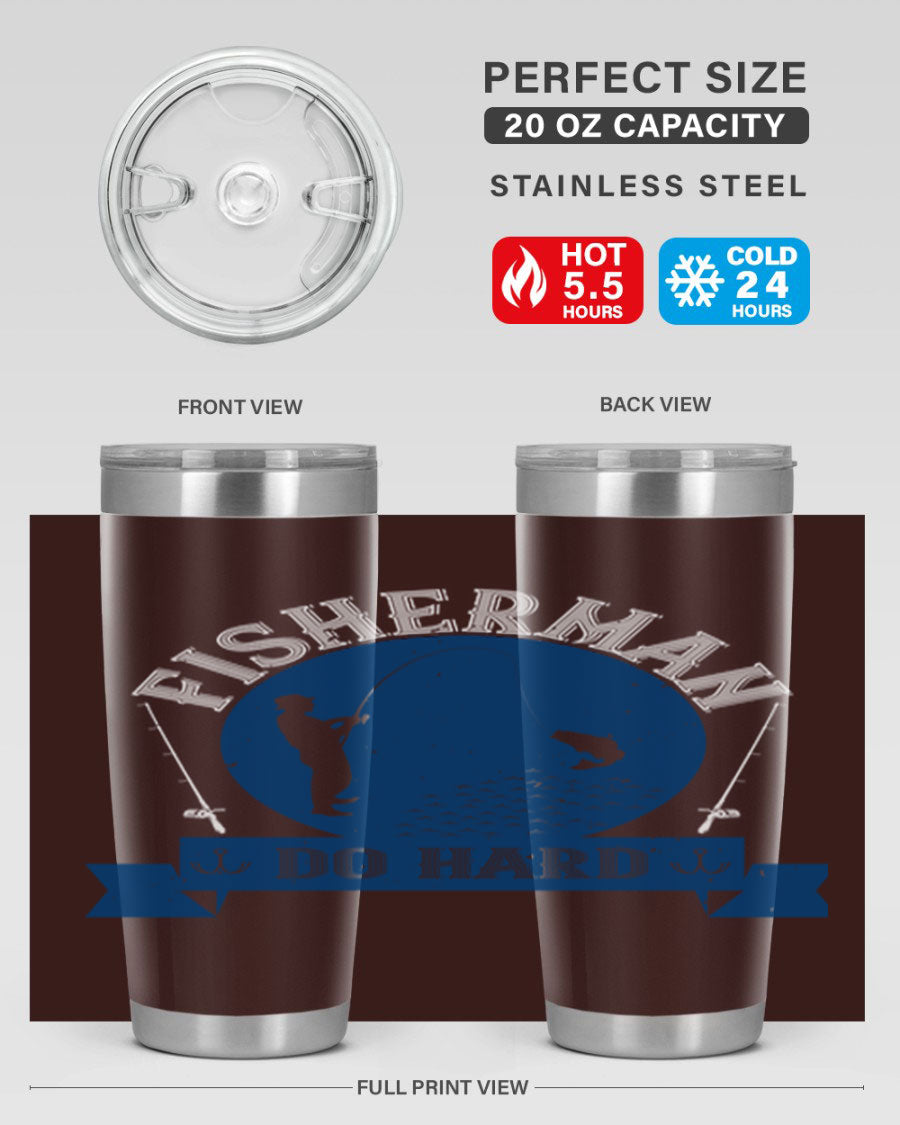 Fisherman Do Hard 276# Tumbler in stainless steel with a drink-thru lid, showcasing its sleek design and durable construction.