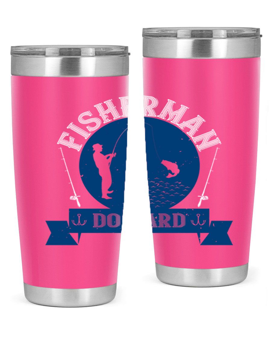 Fisherman Do Hard 276# Tumbler in stainless steel with a drink-thru lid, showcasing its sleek design and durable construction.