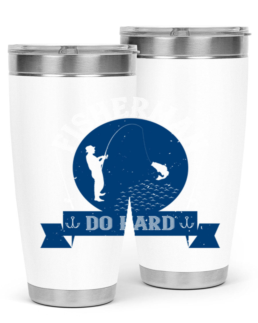 Fisherman Do Hard 276# Tumbler in stainless steel with a drink-thru lid, showcasing its sleek design and durable construction.