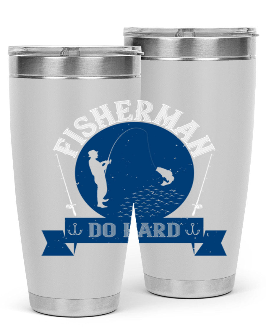 Fisherman Do Hard 276# Tumbler in stainless steel with a drink-thru lid, showcasing its sleek design and durable construction.