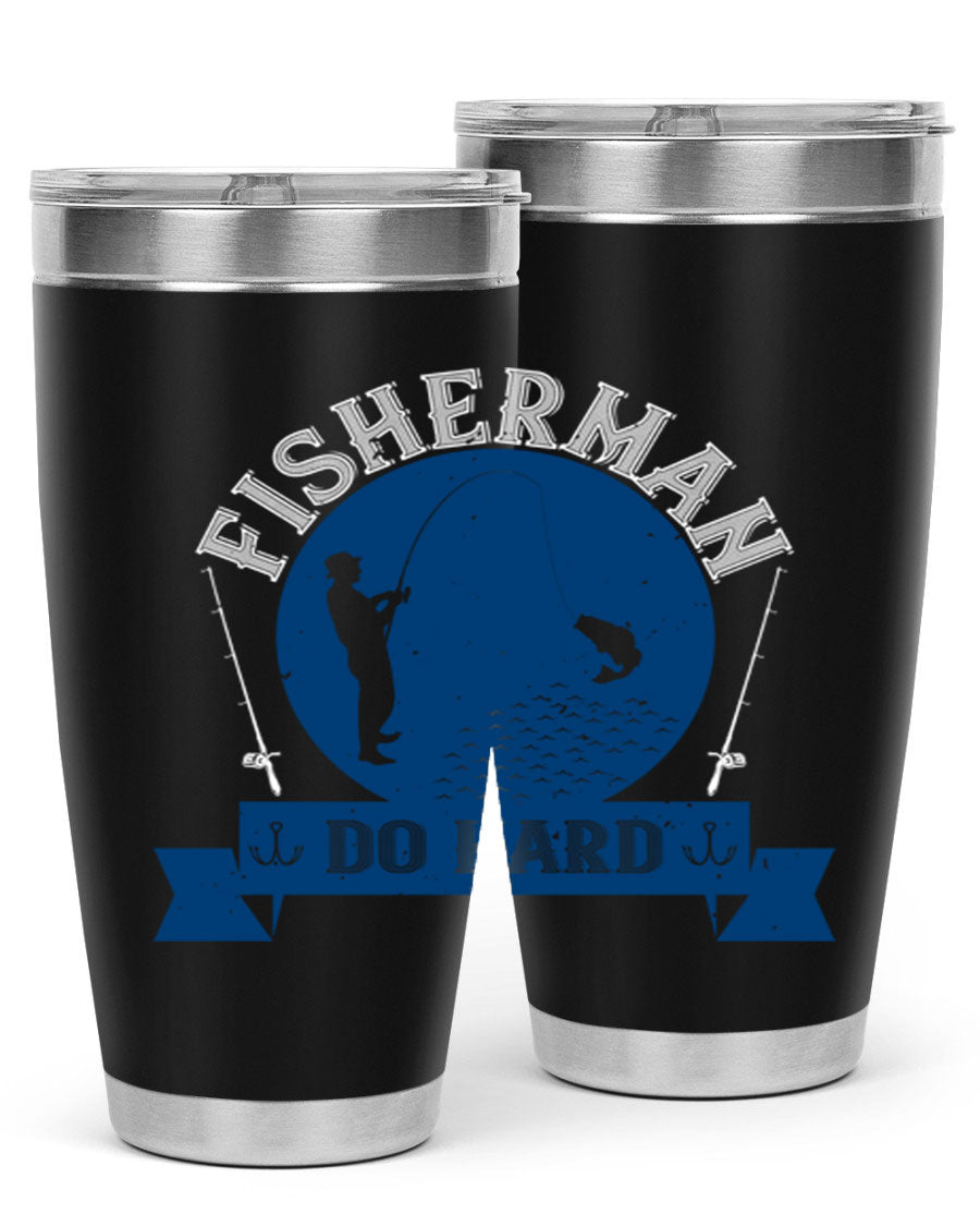 Fisherman Do Hard 276# Tumbler in stainless steel with a drink-thru lid, showcasing its sleek design and durable construction.
