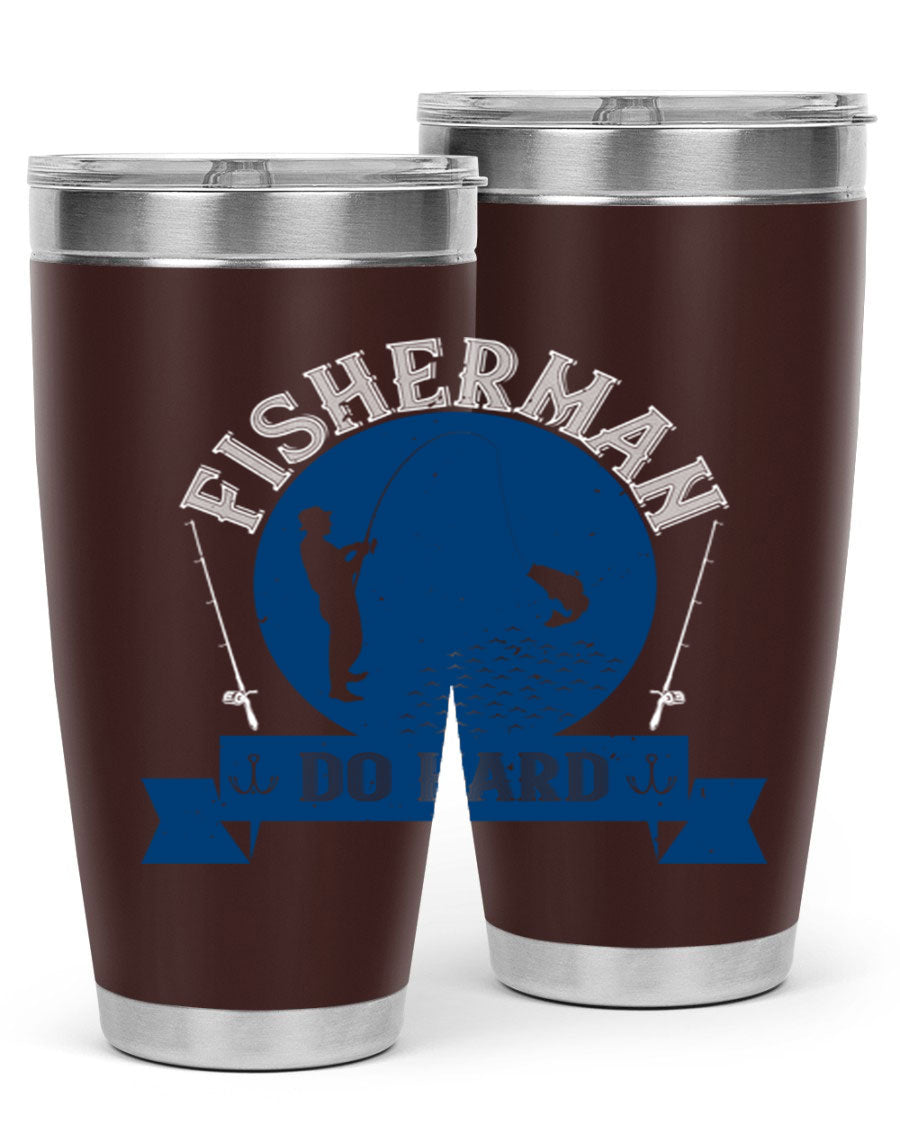 Fisherman Do Hard 276# Tumbler in stainless steel with a drink-thru lid, showcasing its sleek design and durable construction.