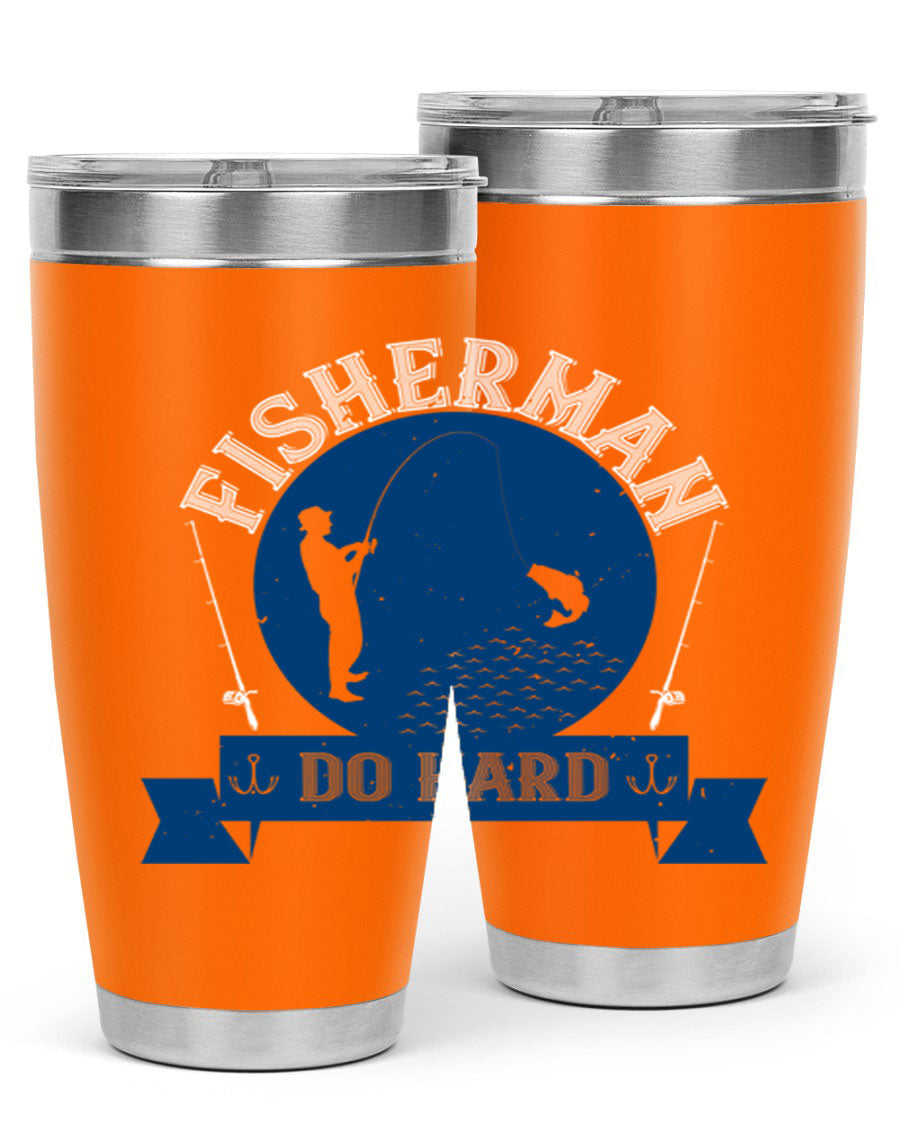 Fisherman Do Hard 276# Tumbler in stainless steel with a drink-thru lid, showcasing its sleek design and durable construction.