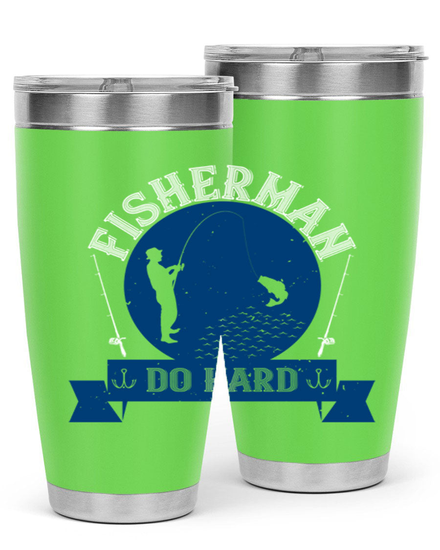 Fisherman Do Hard 276# Tumbler in stainless steel with a drink-thru lid, showcasing its sleek design and durable construction.
