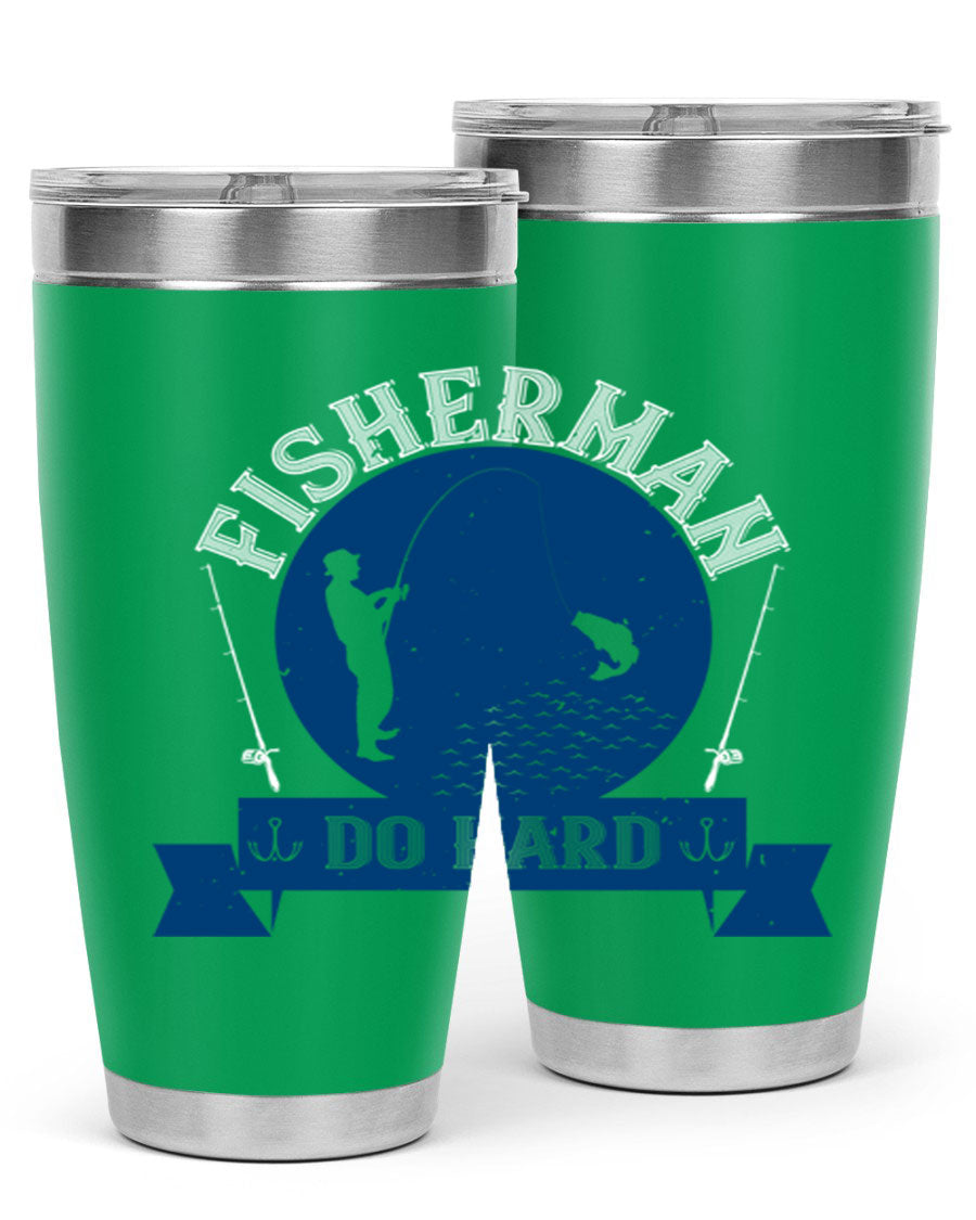 Fisherman Do Hard 276# Tumbler in stainless steel with a drink-thru lid, showcasing its sleek design and durable construction.