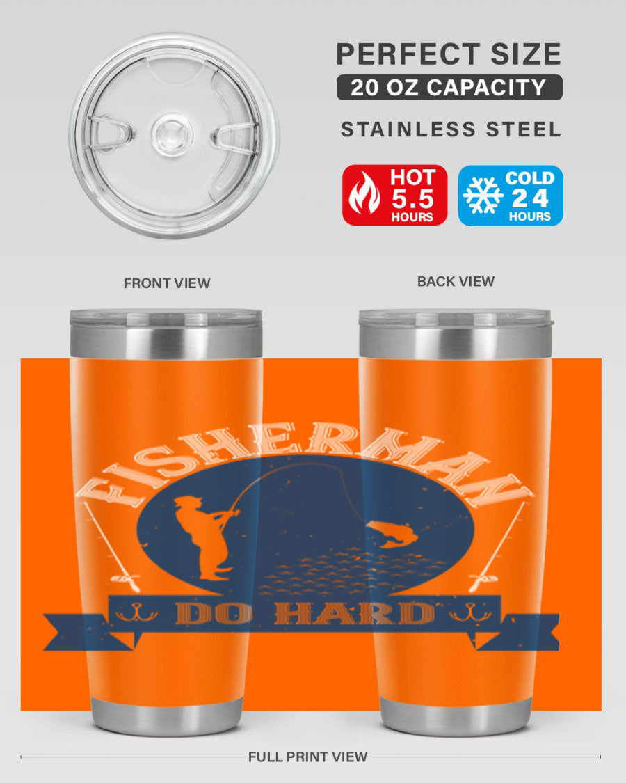 Fisherman Do Hard 276# Tumbler in stainless steel with a drink-thru lid, showcasing its sleek design and durable construction.