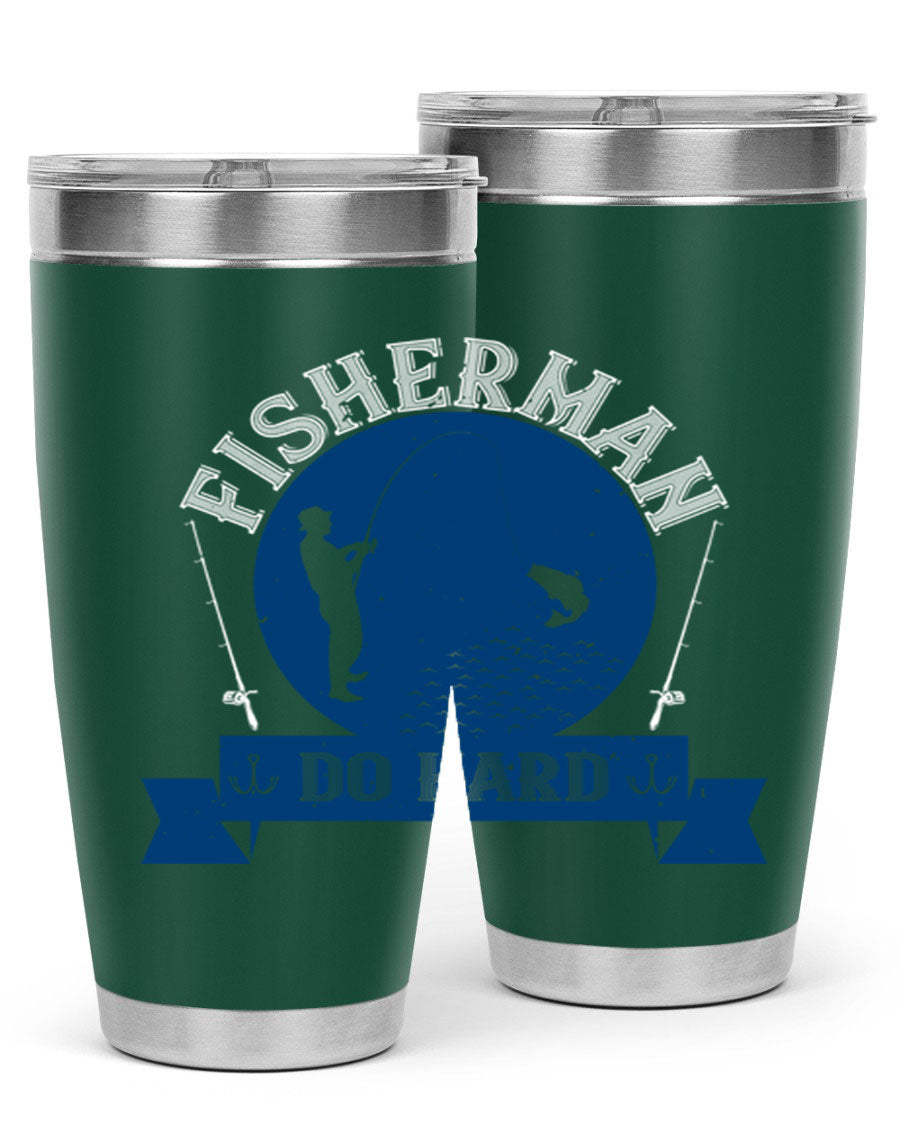 Fisherman Do Hard 276# Tumbler in stainless steel with a drink-thru lid, showcasing its sleek design and durable construction.