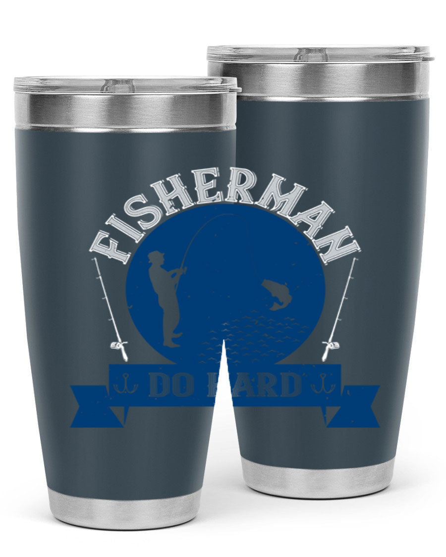 Fisherman Do Hard 276# Tumbler in stainless steel with a drink-thru lid, showcasing its sleek design and durable construction.