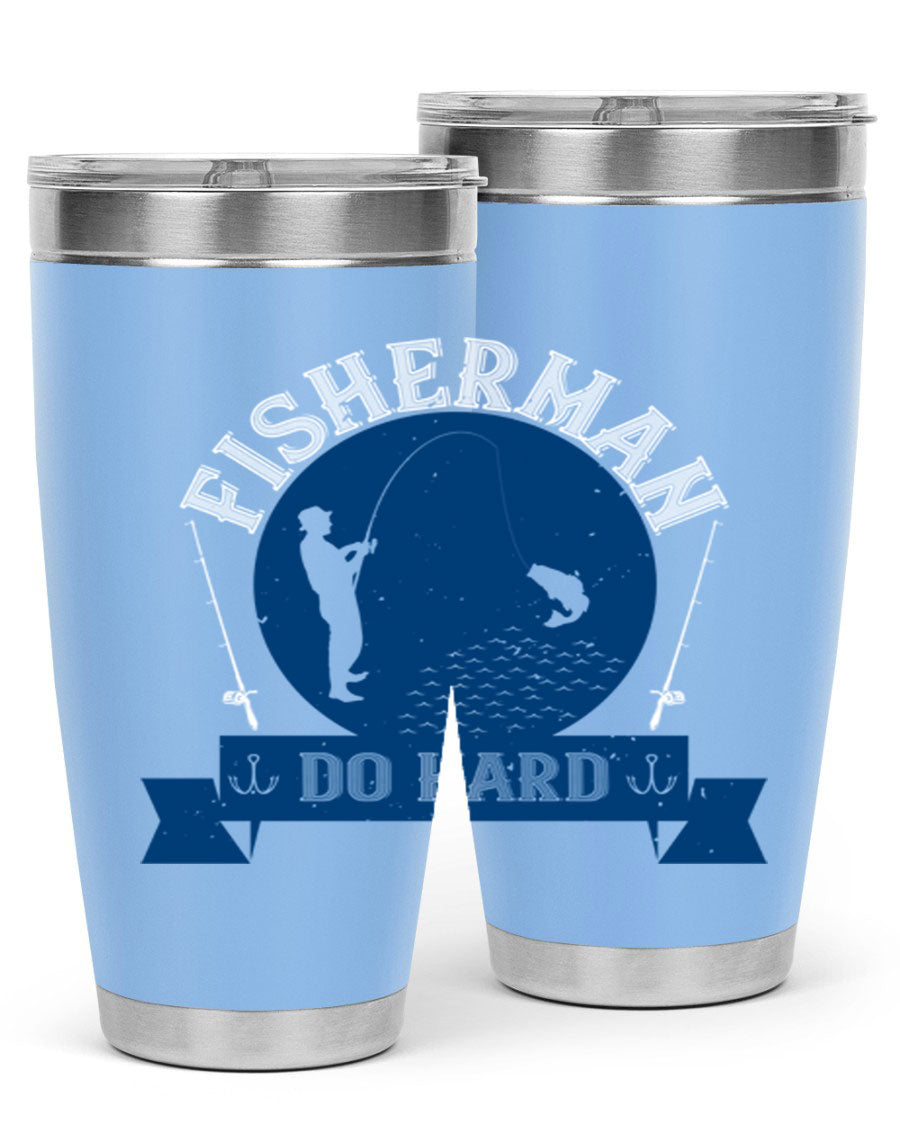 Fisherman Do Hard 276# Tumbler in stainless steel with a drink-thru lid, showcasing its sleek design and durable construction.