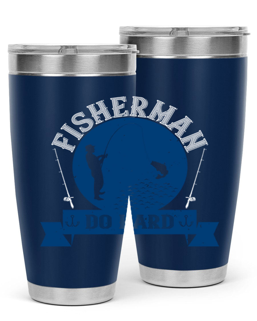 Fisherman Do Hard 276# Tumbler in stainless steel with a drink-thru lid, showcasing its sleek design and durable construction.