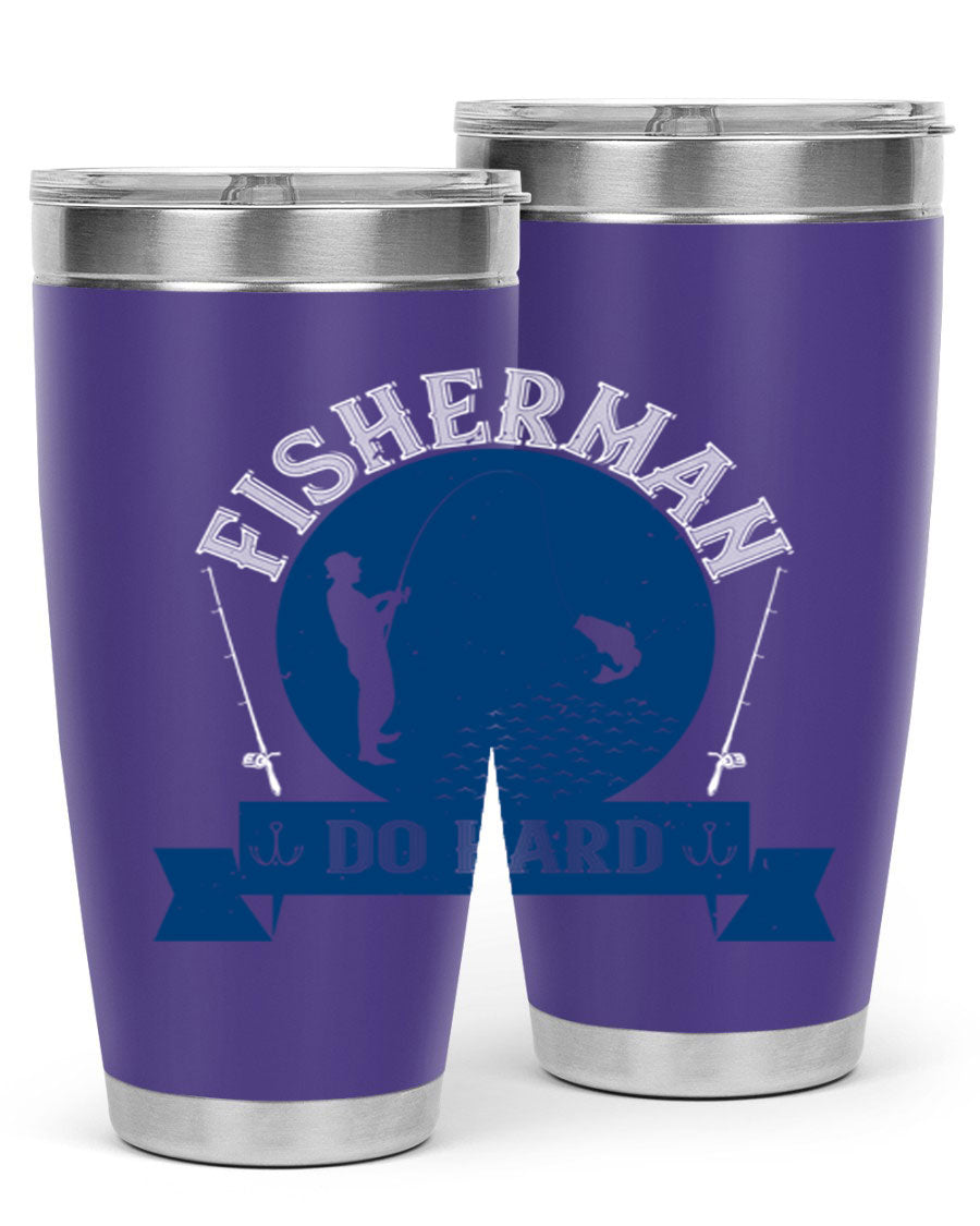 Fisherman Do Hard 276# Tumbler in stainless steel with a drink-thru lid, showcasing its sleek design and durable construction.