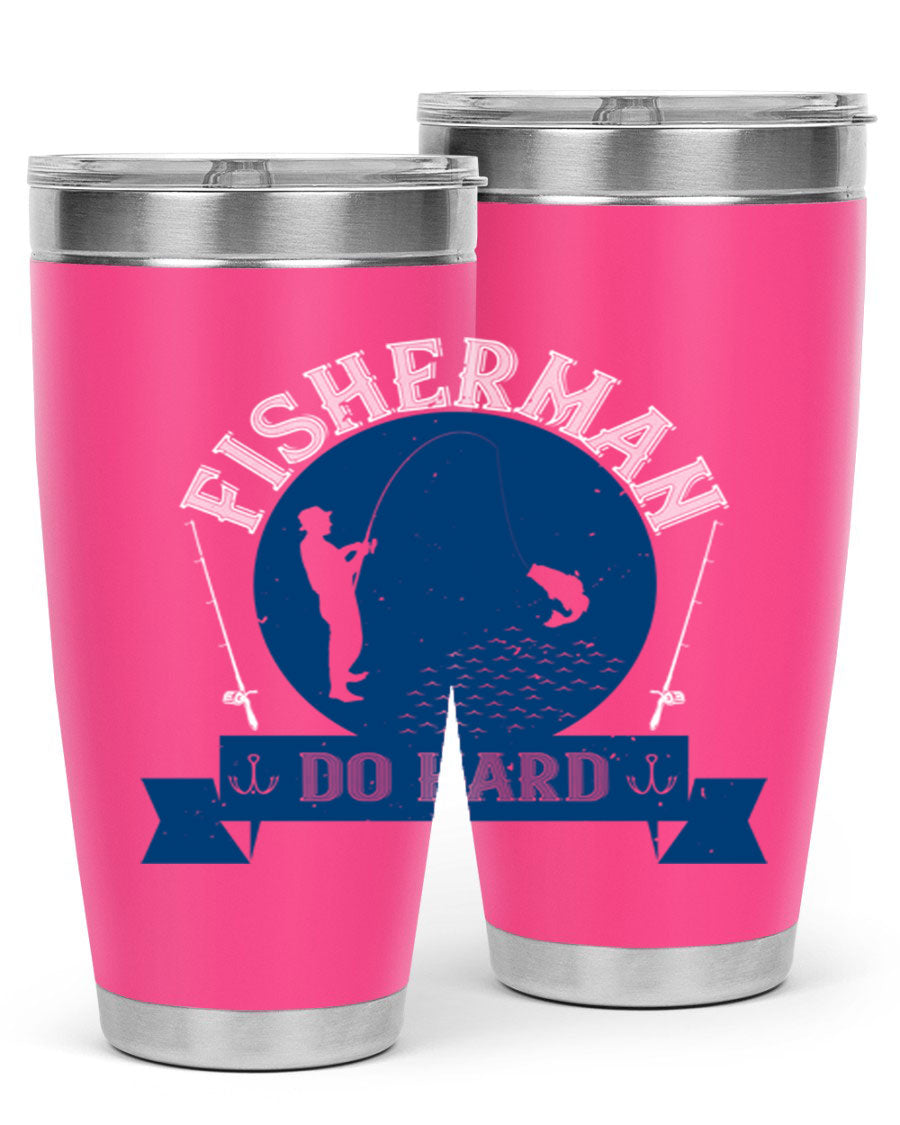 Fisherman Do Hard 276# Tumbler in stainless steel with a drink-thru lid, showcasing its sleek design and durable construction.