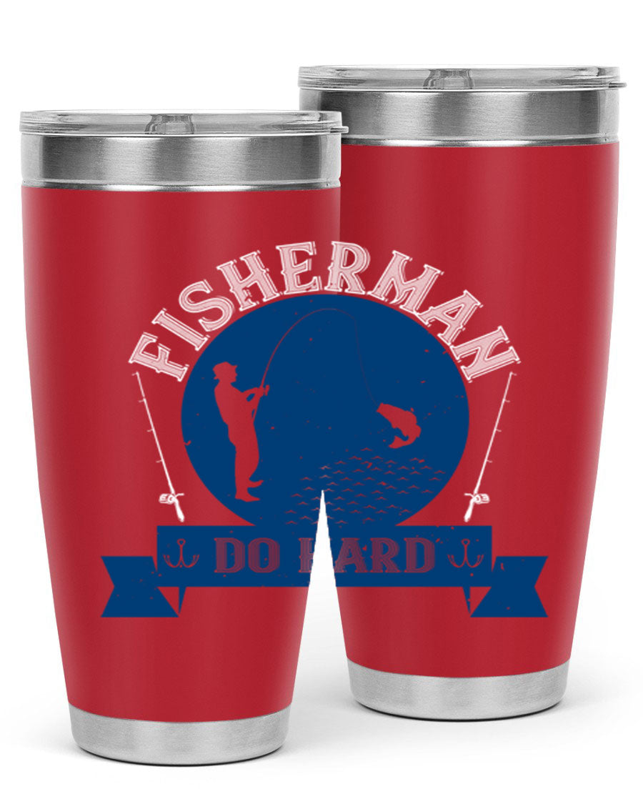 Fisherman Do Hard 276# Tumbler in stainless steel with a drink-thru lid, showcasing its sleek design and durable construction.