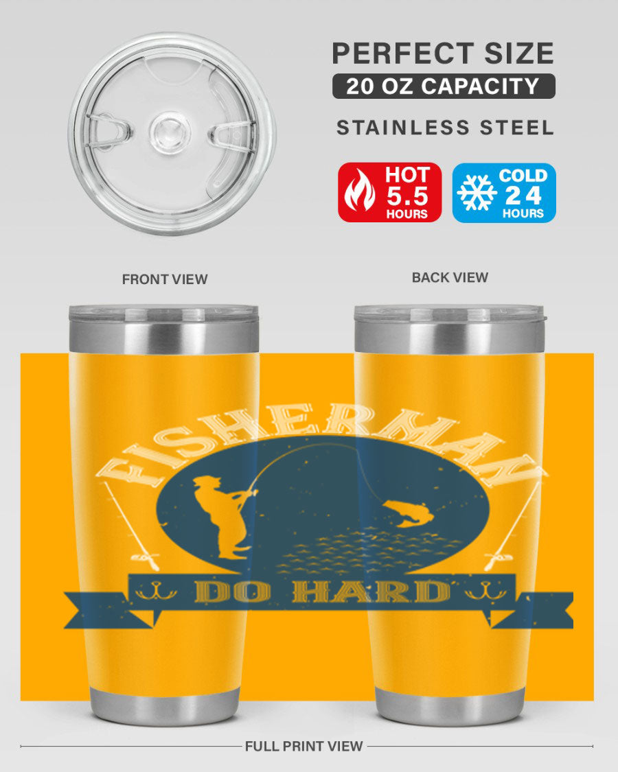 Fisherman Do Hard 276# Tumbler in stainless steel with a drink-thru lid, showcasing its sleek design and durable construction.