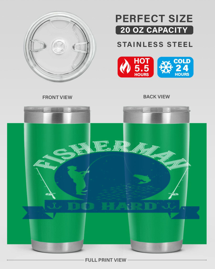 Fisherman Do Hard 276# Tumbler in stainless steel with a drink-thru lid, showcasing its sleek design and durable construction.
