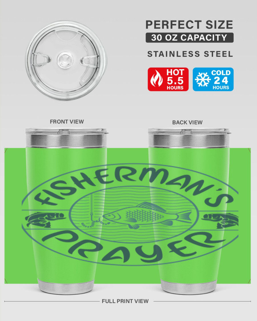 Fisherman's Prayer 20oz Tumbler featuring double wall vacuum insulation and a drink-thru lid, perfect for fishing enthusiasts.