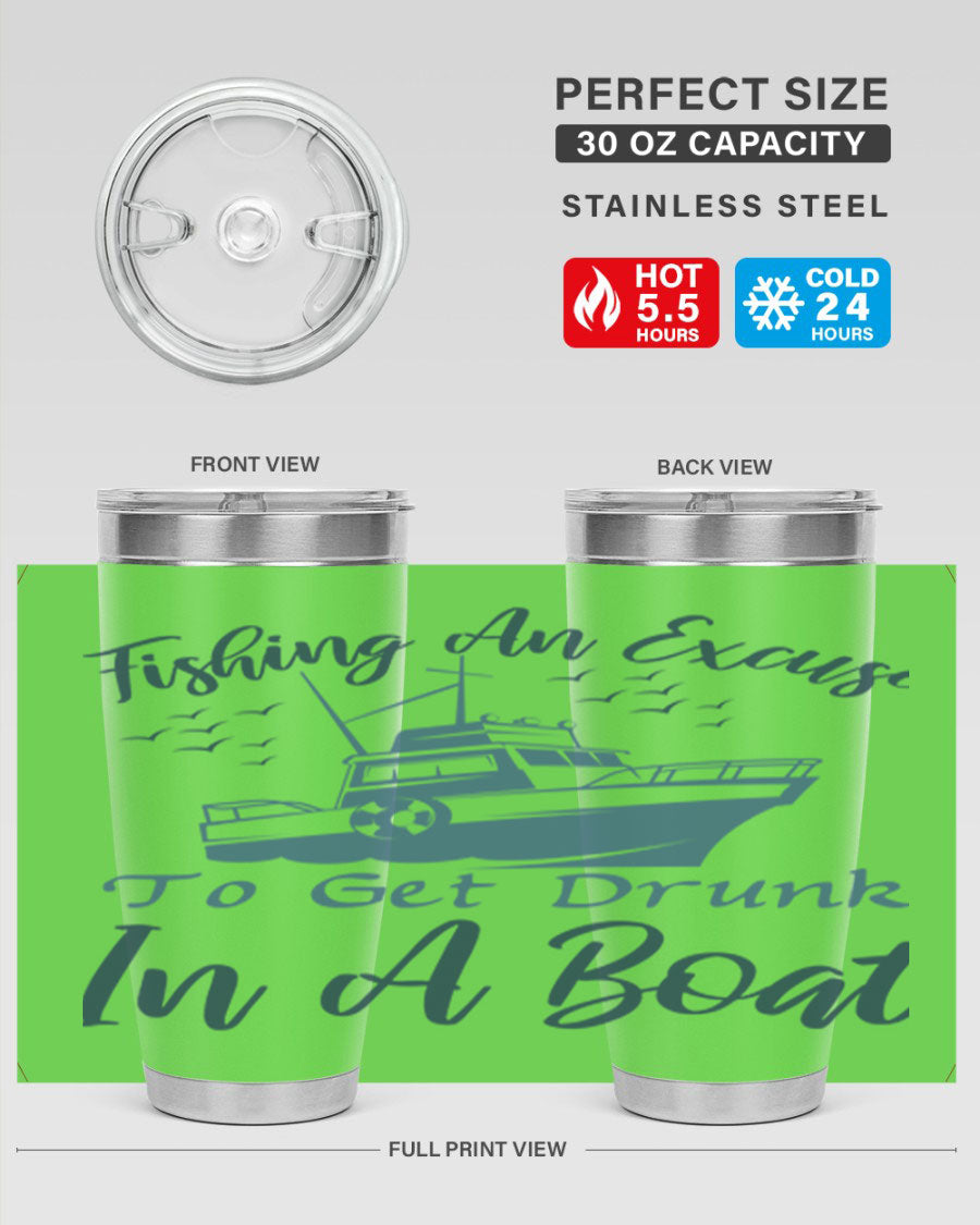 Fishing an Excuse 152# Tumbler in stainless steel with a vibrant fishing-themed design, perfect for hot and cold beverages.