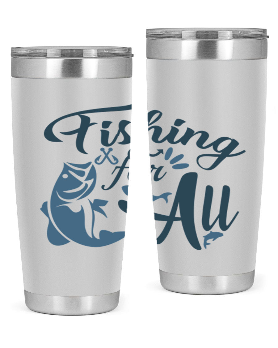 Fishing for All 150# Tumbler in stainless steel with a drink-thru lid, showcasing its sleek design and vibrant printed graphics.
