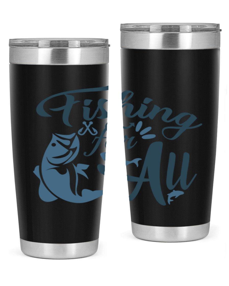 Fishing for All 150# Tumbler in stainless steel with a drink-thru lid, showcasing its sleek design and vibrant printed graphics.