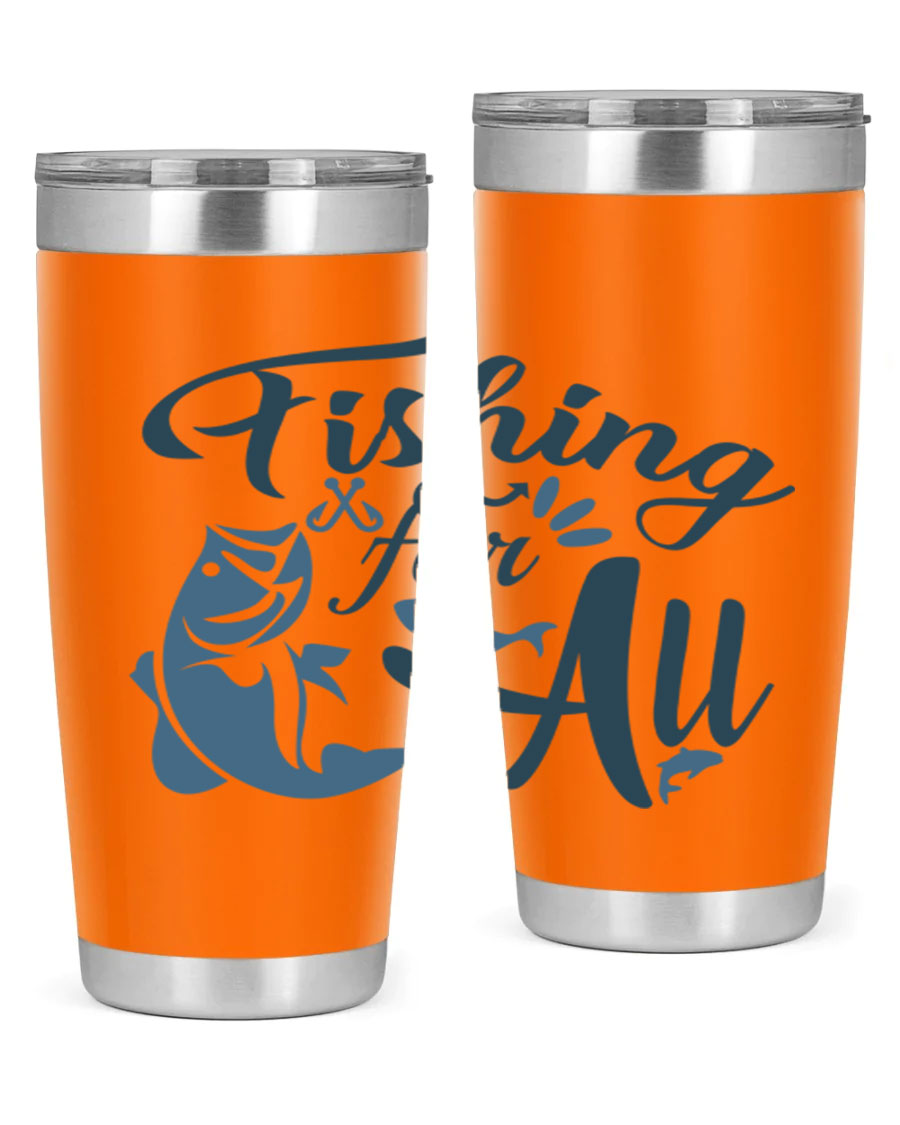 Fishing for All 150# Tumbler in stainless steel with a drink-thru lid, showcasing its sleek design and vibrant printed graphics.