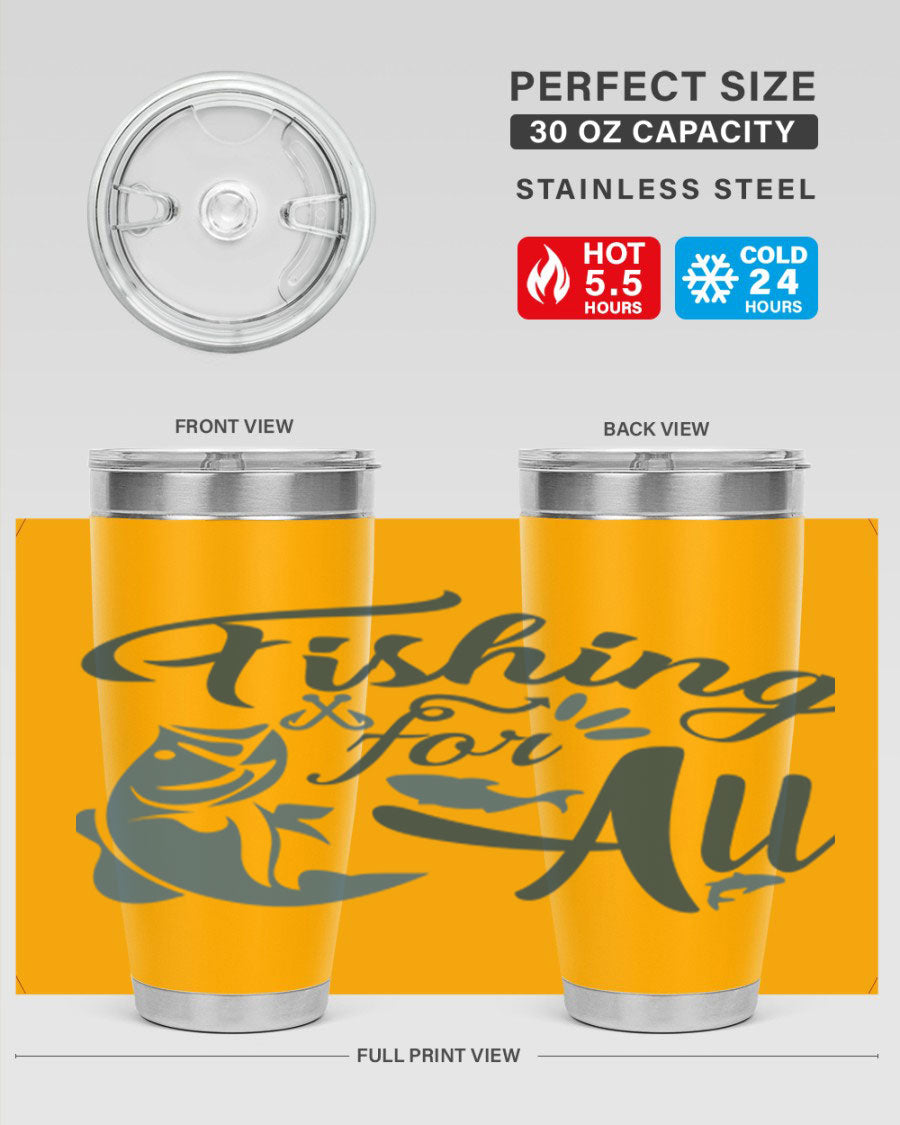 Fishing for All 150# Tumbler in stainless steel with a drink-thru lid, showcasing its sleek design and vibrant printed graphics.