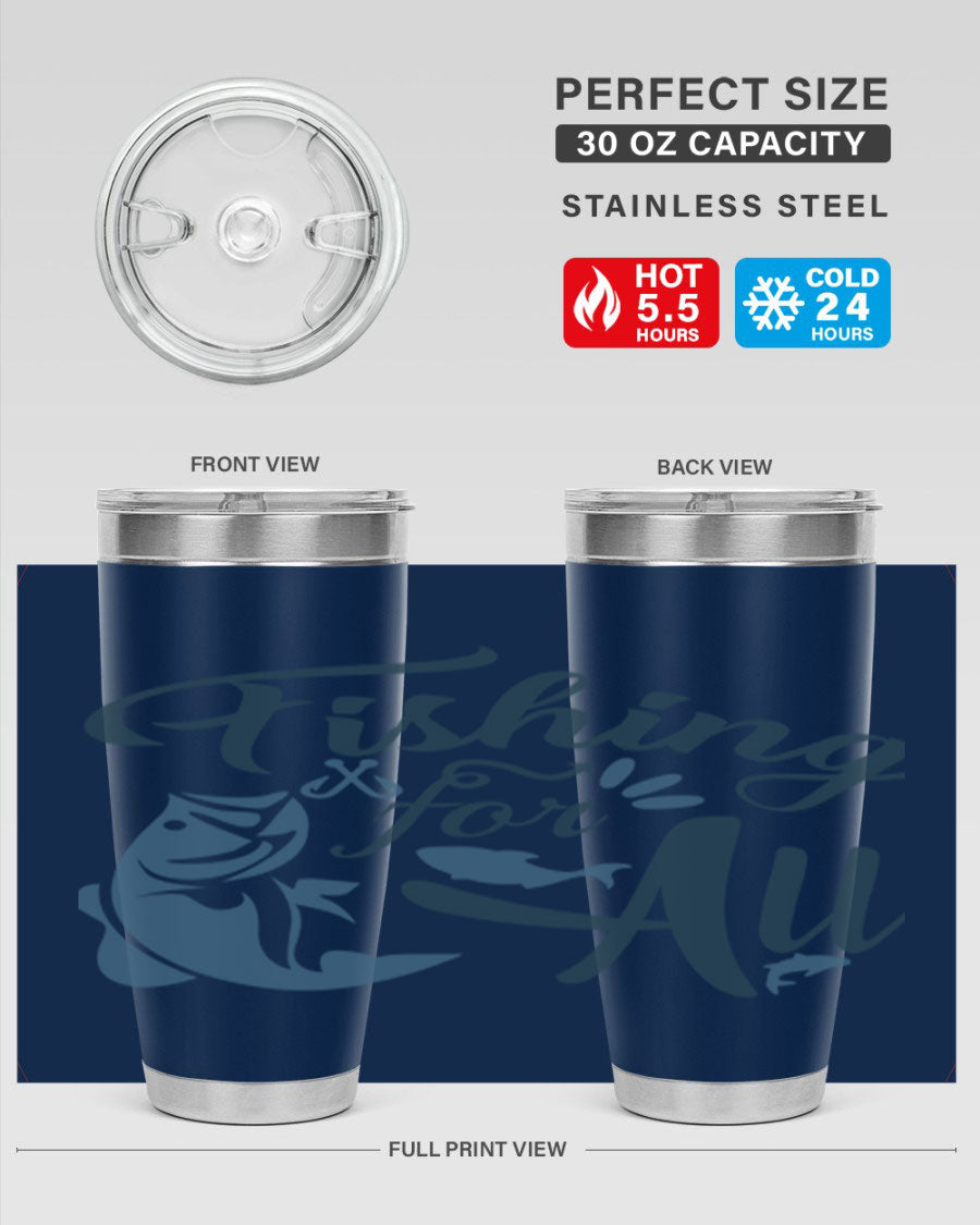 Fishing for All 150# Tumbler in stainless steel with a drink-thru lid, showcasing its sleek design and vibrant printed graphics.