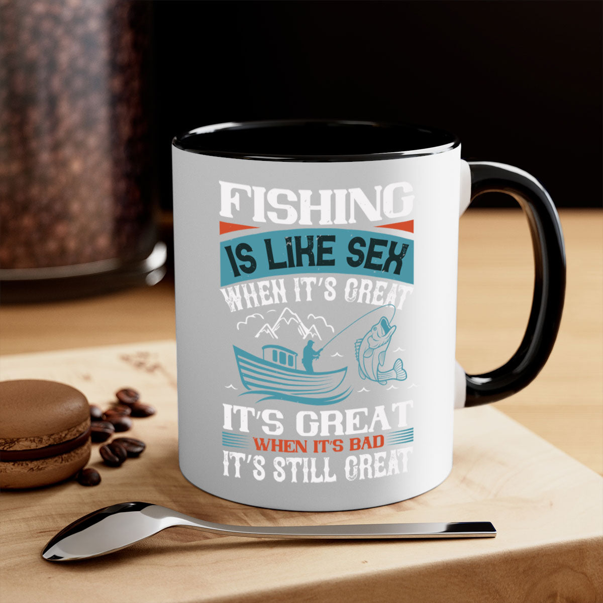 Fishing is Like Sex When It's Great Mug with colorful handle and glossy finish, available in multiple sizes.