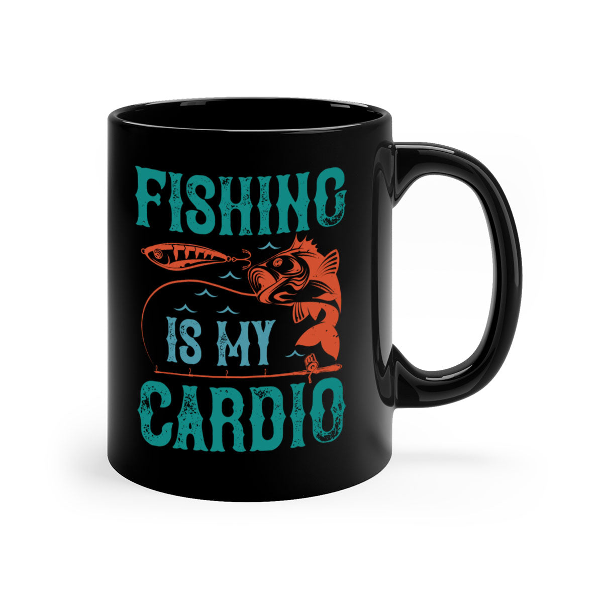 Two-tone 'Fishing is My Cardio' mug with a colored handle and glossy finish, available in multiple colors and sizes.