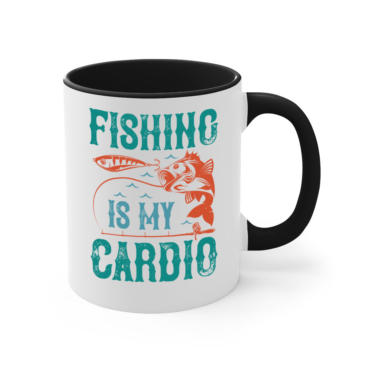 Two-tone 'Fishing is My Cardio' mug with a colored handle and glossy finish, available in multiple colors and sizes.