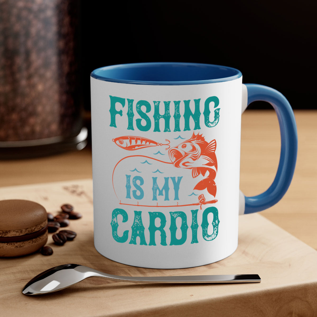 Two-tone 'Fishing is My Cardio' mug with a colored handle and glossy finish, available in multiple colors and sizes.