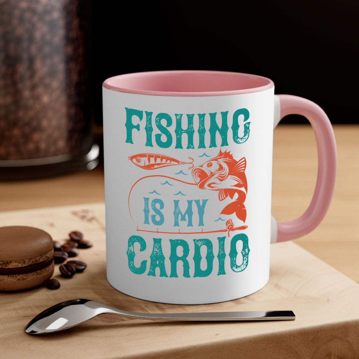 Two-tone 'Fishing is My Cardio' mug with a colored handle and glossy finish, available in multiple colors and sizes.