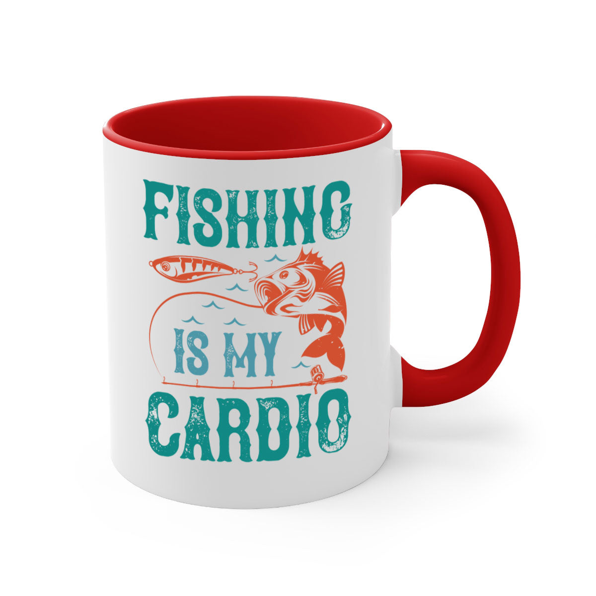 Two-tone 'Fishing is My Cardio' mug with a colored handle and glossy finish, available in multiple colors and sizes.