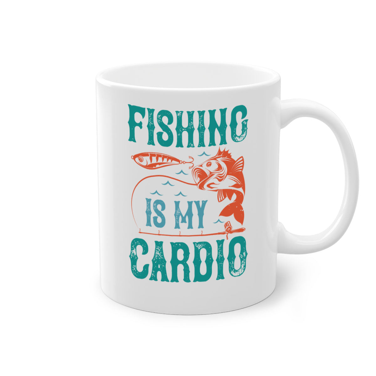Two-tone 'Fishing is My Cardio' mug with a colored handle and glossy finish, available in multiple colors and sizes.