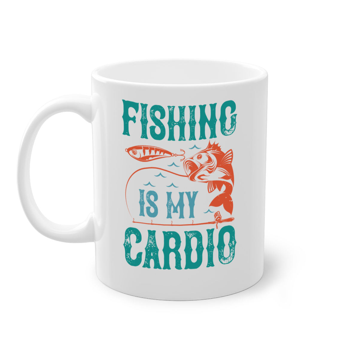 Two-tone 'Fishing is My Cardio' mug with a colored handle and glossy finish, available in multiple colors and sizes.