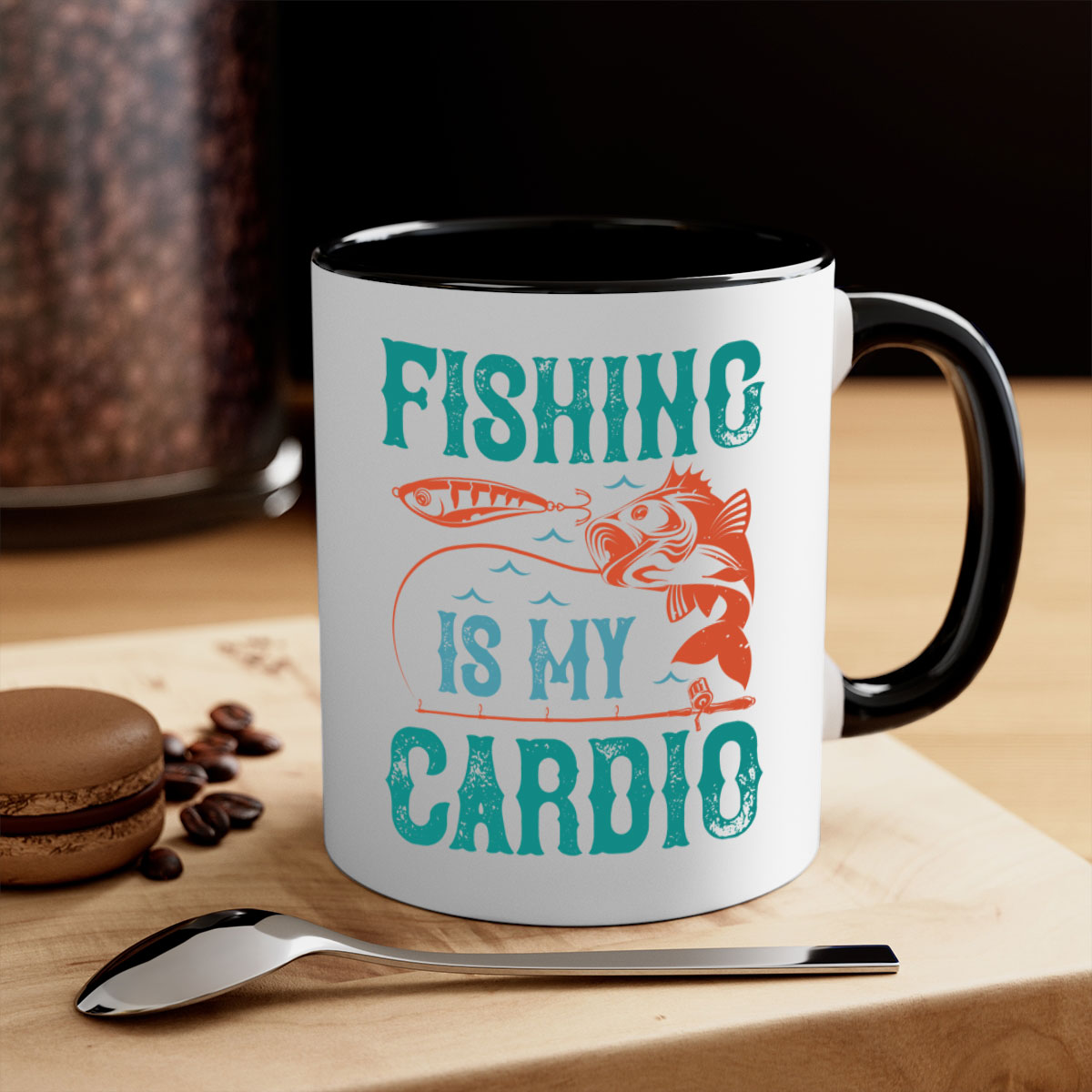 Two-tone 'Fishing is My Cardio' mug with a colored handle and glossy finish, available in multiple colors and sizes.