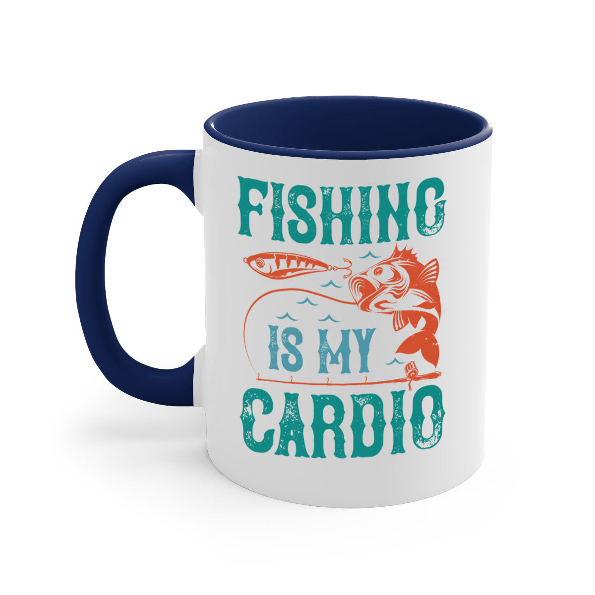 Two-tone 'Fishing is My Cardio' mug with a colored handle and glossy finish, available in multiple colors and sizes.