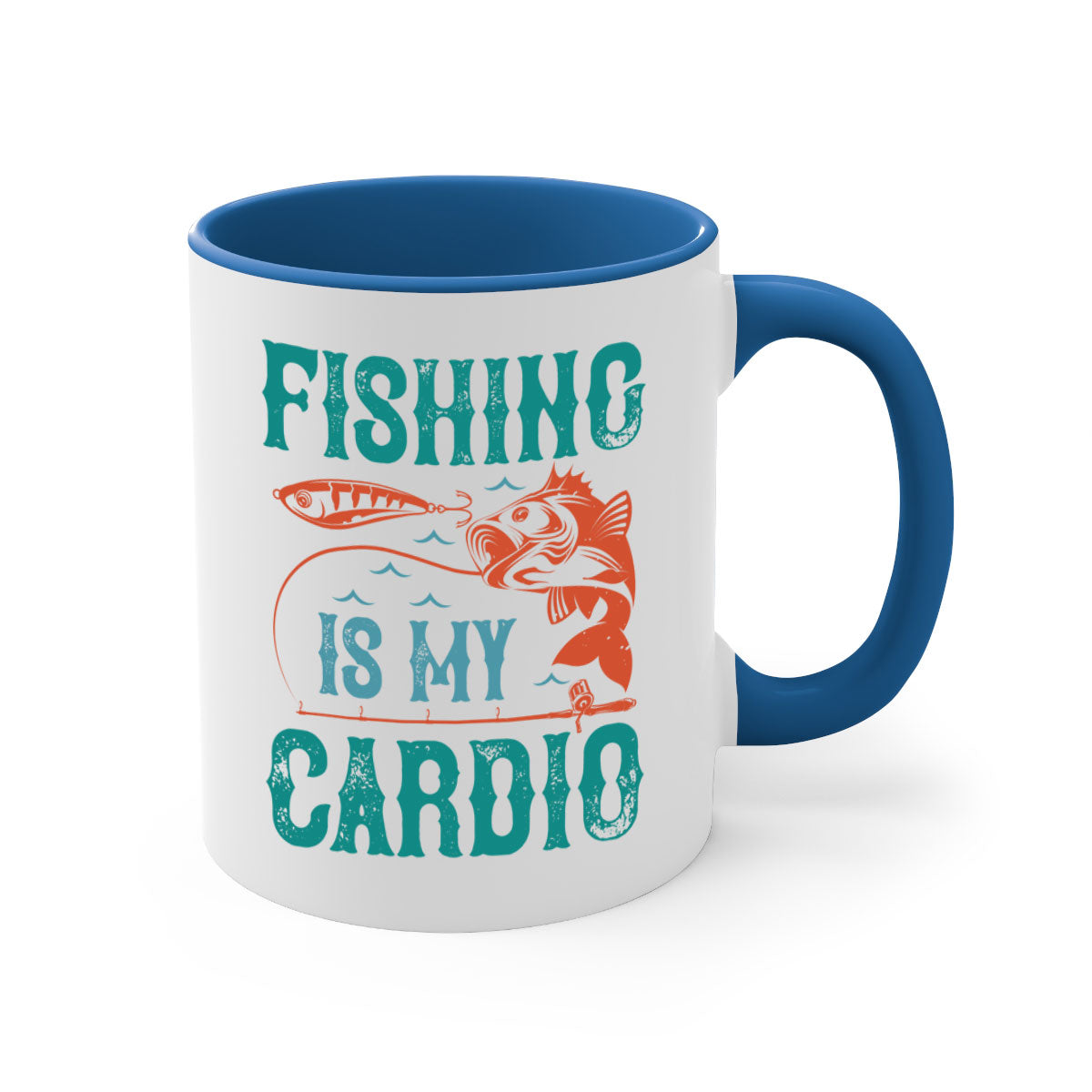 Two-tone 'Fishing is My Cardio' mug with a colored handle and glossy finish, available in multiple colors and sizes.