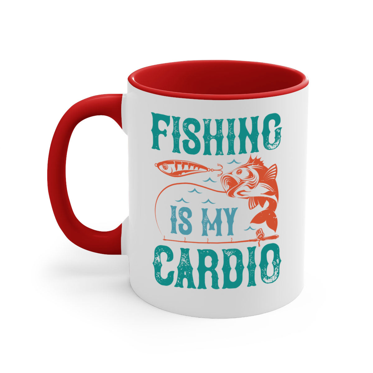 Two-tone 'Fishing is My Cardio' mug with a colored handle and glossy finish, available in multiple colors and sizes.