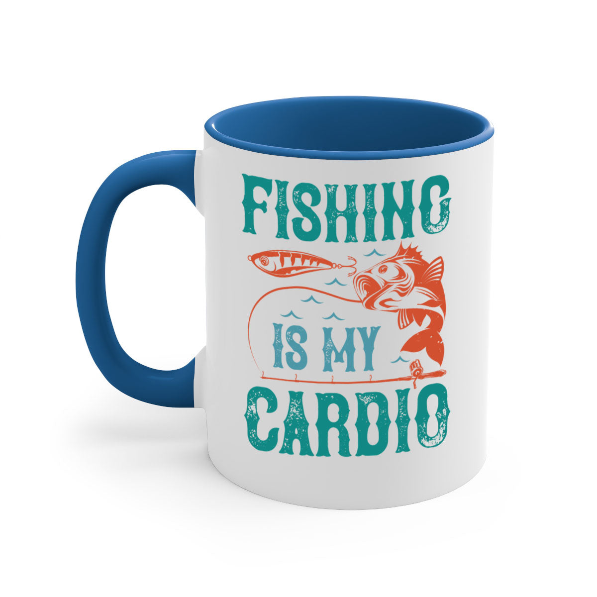 Two-tone 'Fishing is My Cardio' mug with a colored handle and glossy finish, available in multiple colors and sizes.