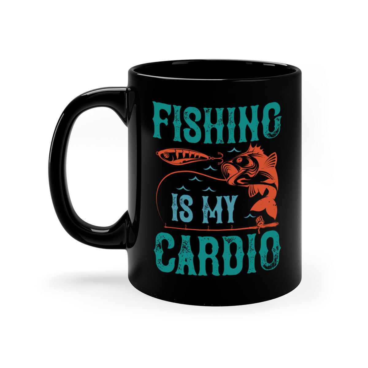 Two-tone 'Fishing is My Cardio' mug with a colored handle and glossy finish, available in multiple colors and sizes.