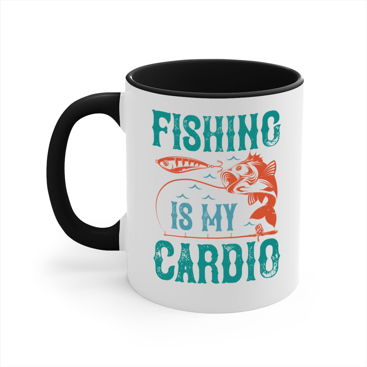 Two-tone 'Fishing is My Cardio' mug with a colored handle and glossy finish, available in multiple colors and sizes.