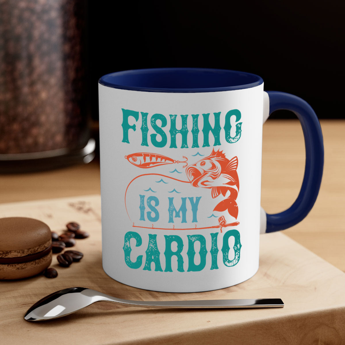 Two-tone 'Fishing is My Cardio' mug with a colored handle and glossy finish, available in multiple colors and sizes.