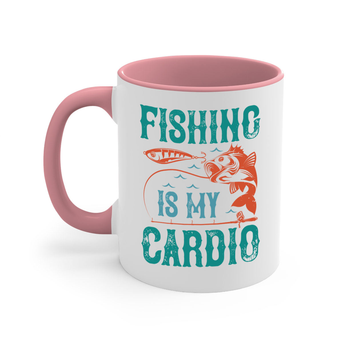 Two-tone 'Fishing is My Cardio' mug with a colored handle and glossy finish, available in multiple colors and sizes.