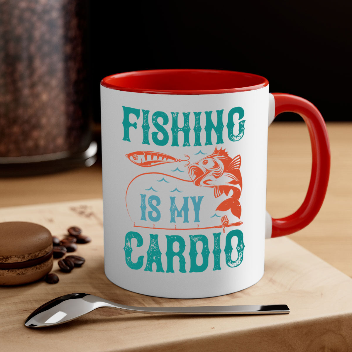 Two-tone 'Fishing is My Cardio' mug with a colored handle and glossy finish, available in multiple colors and sizes.