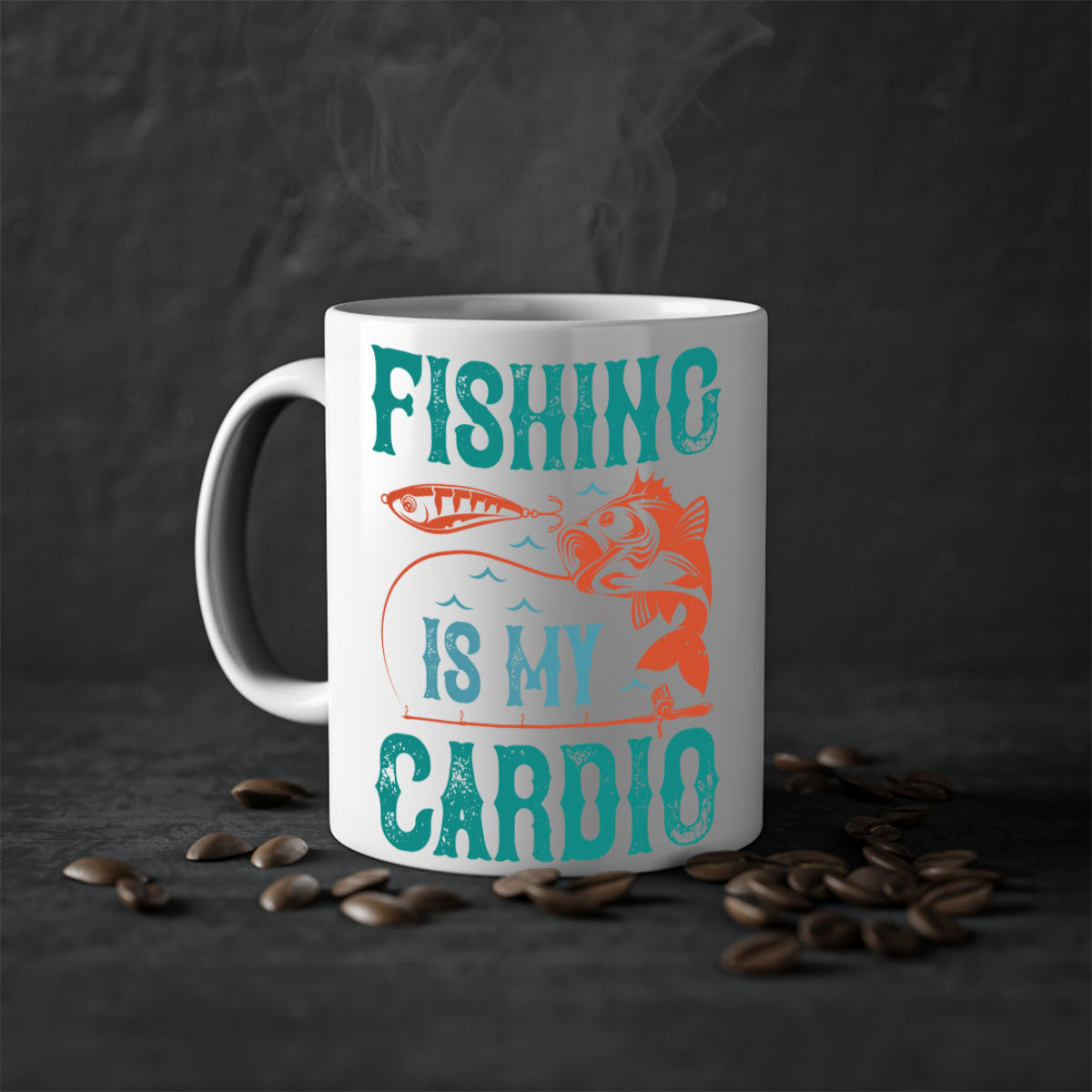 Two-tone 'Fishing is My Cardio' mug with a colored handle and glossy finish, available in multiple colors and sizes.