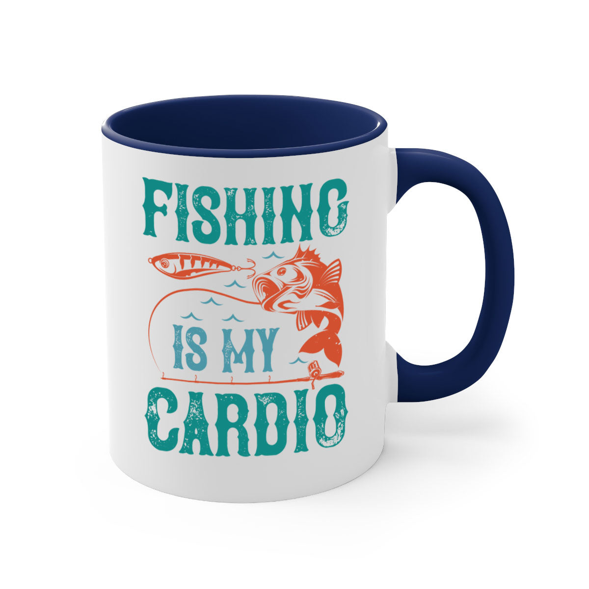 Two-tone 'Fishing is My Cardio' mug with a colored handle and glossy finish, available in multiple colors and sizes.