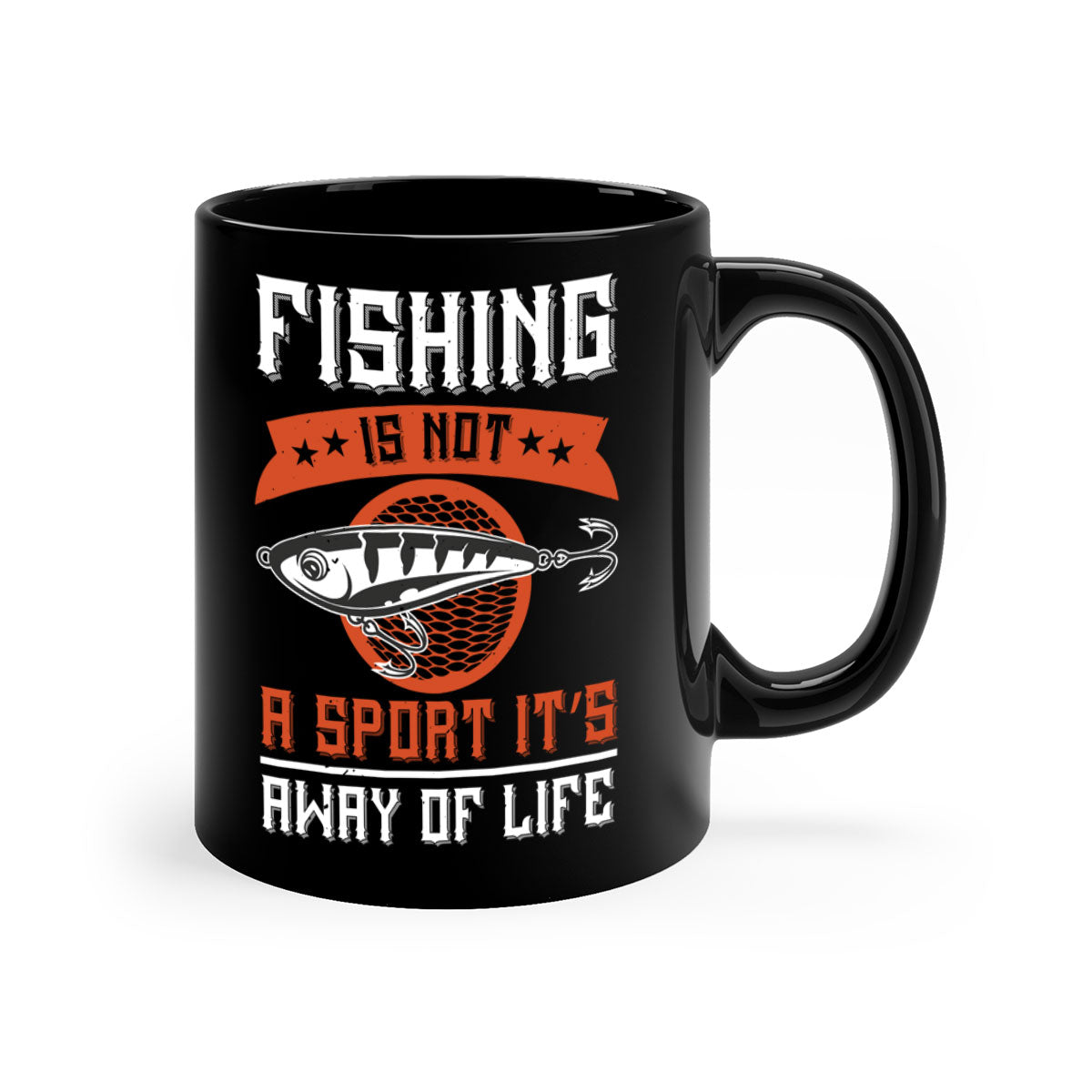 A two-tone ceramic coffee mug featuring the phrase 'Fishing is Not a Sport, It’s a Way of Life' with a glossy finish and colored handle.