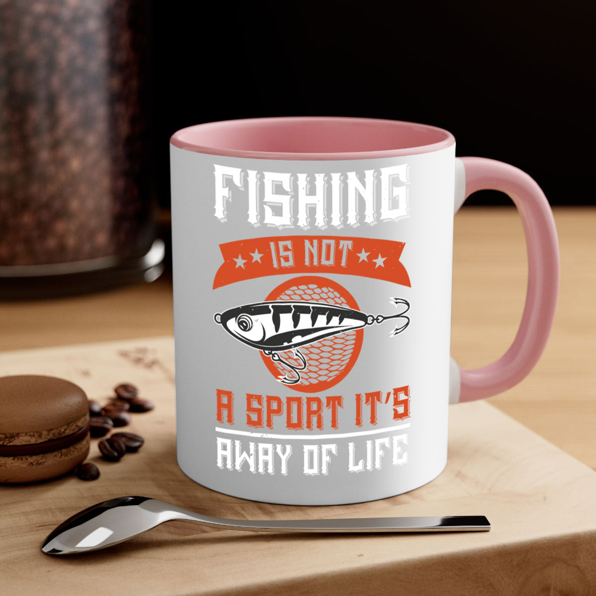 A two-tone ceramic coffee mug featuring the phrase 'Fishing is Not a Sport, It’s a Way of Life' with a glossy finish and colored handle.